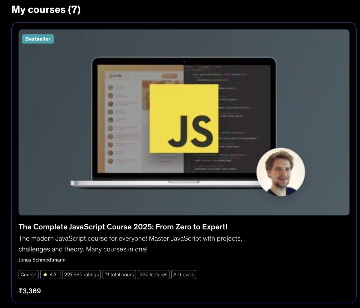 vishvadeepx's tweet image. reached the project section 🚀
doing the complete #javascript course from zero to expert on @udemy
taught by @jonasschmedtman
