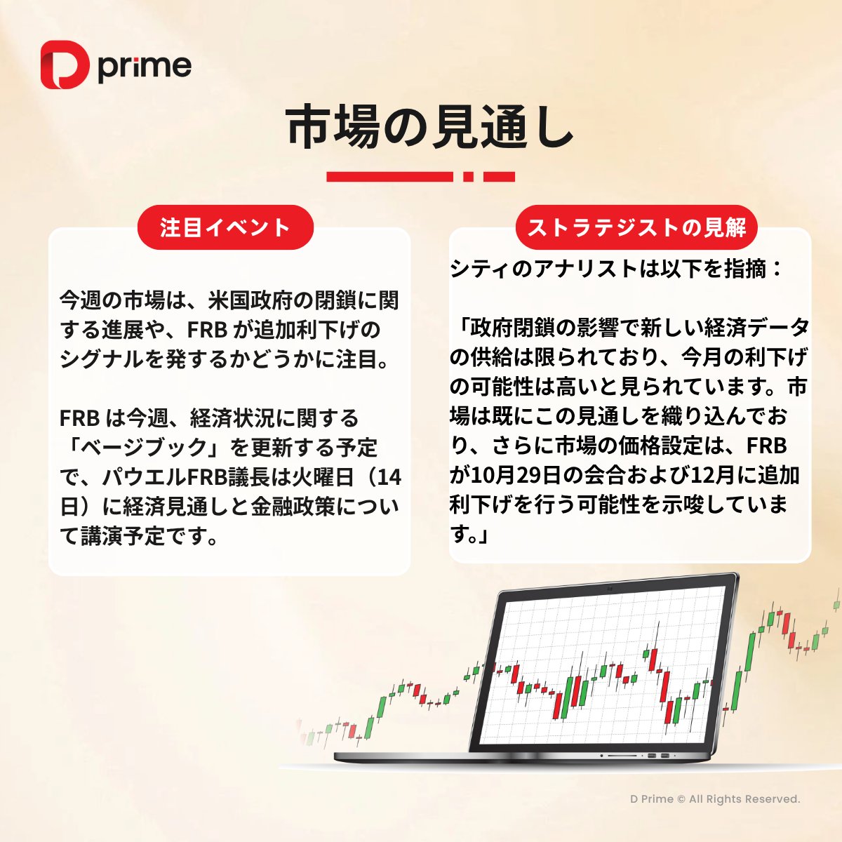 先週、国際貿易摩擦が激化💼 
WTI原油は金曜に60ドルを下回りました。 
金価格は史上最高値を更新し、白銀価格も上昇基調📈
今週火曜、パウエルFRB議長が経済見通しと金融政策について講演予定💼
さらに、市場価格は10月29日および12月の追加利下げを示唆📊