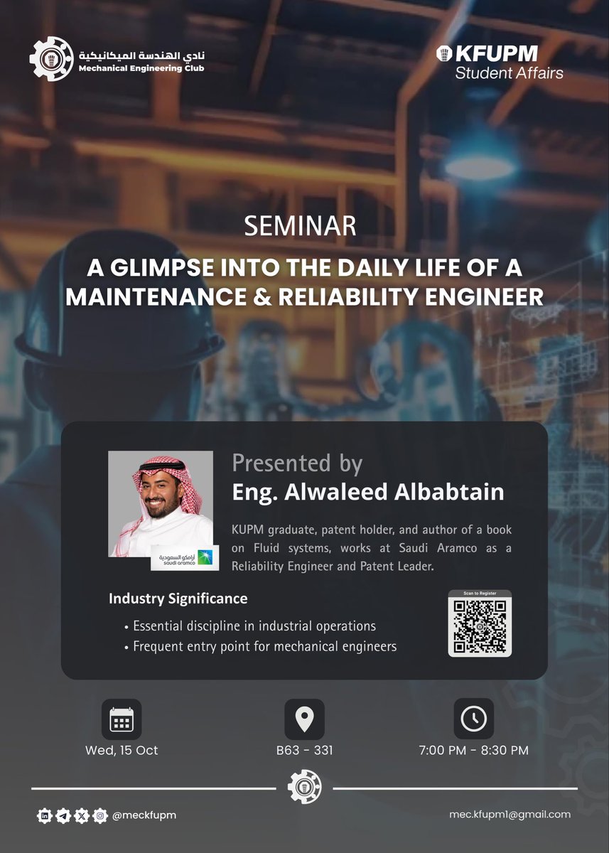 MECKFUPM's tweet photo. محاضرة النادي القادمة🔥:

“A Glimpse Into the Daily Life of a Maintenance &amp; Reliability Engineer”

🔹يُقدم المحاضرة المهندس:
Eng. Alwaleed Albabtain

🔹الحضور مُتاح للطلاب والطالبات

🔗رابط التسجيل: https://t.co/1qorcjNfXe https://t.co/JUiLEykTki
