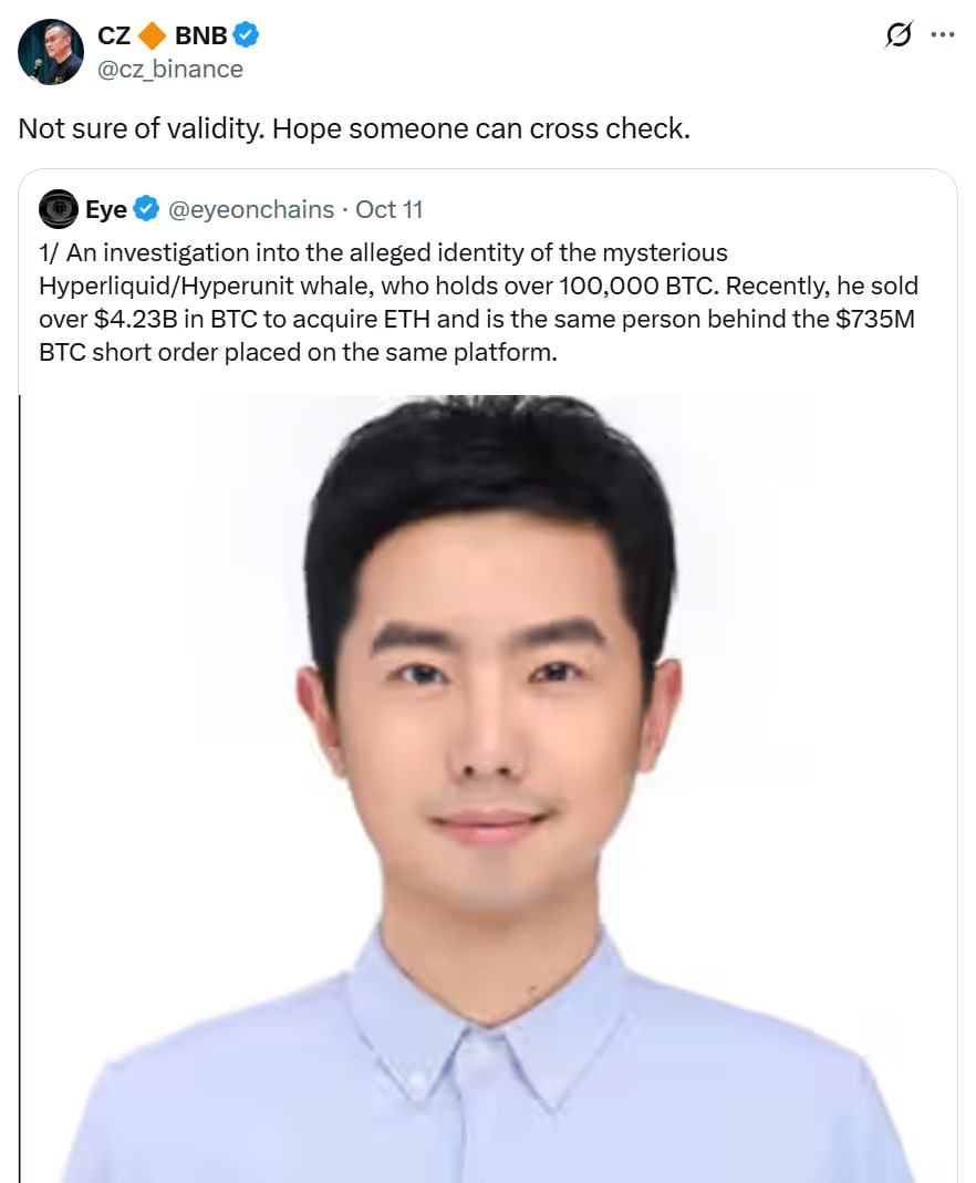 🤔 CZ reposted an investigation into the "mysterious Hyperliquid whale." He turned out to be the former head of the Bitforex exchange, with a net worth of approximately $10 billion.

However, Garrett Bullish denies the allegation, claiming he has no connection to the Trump
