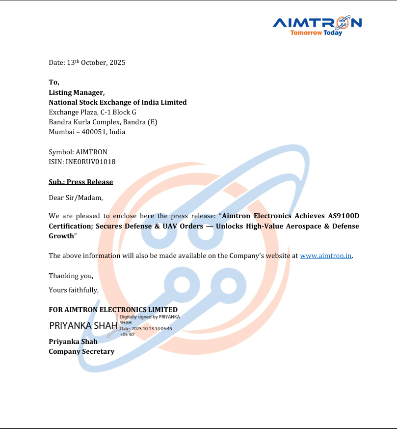AchuthRock007's tweet image. #Aimtron
#AimtronElectronics

Aimtron Electronics Achieves AS9100D  Certification; Secures Defense &amp;amp; UAV Orders — Unlocks High-Value Aerospace &amp;amp; Defense  Growth

Solid company in EMS space 🔥
