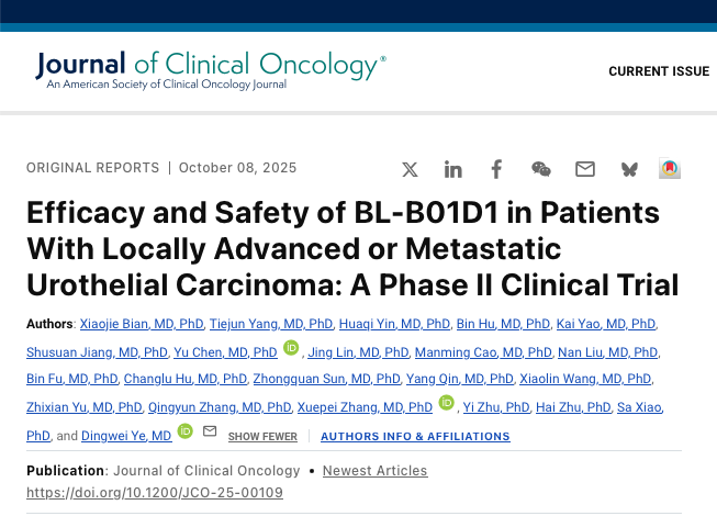 mirrorsmed's tweet image. Efficacy and Safety of BL-B01D1 in Patients With Locally Advanced or Metastatic Urothelial Carcinoma: A Phase II Clinical Trial

ascopubs.org/doi/abs/10.120…

In a multicenter, single-arm phase II trial, the bispecific antibody-drug conjugate BL-B01D1—targeting EGFR and HER3 and…