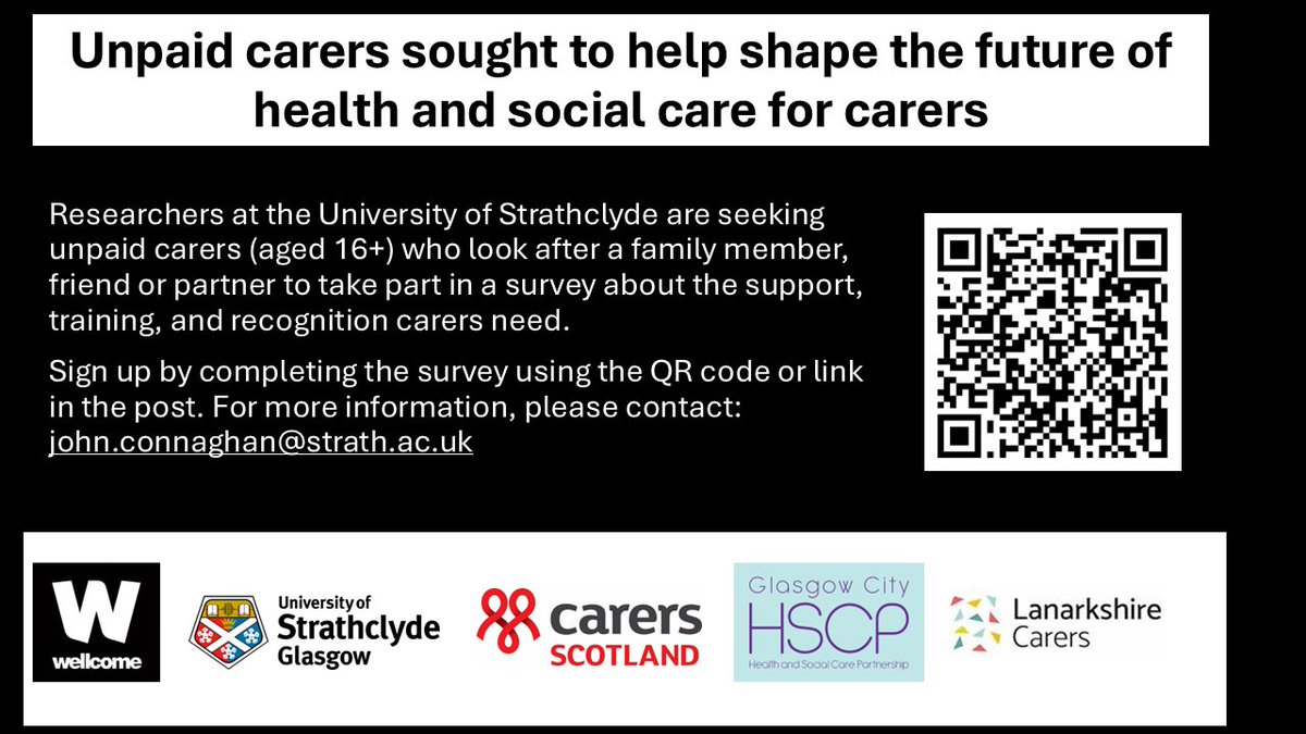 CarersScotland's tweet photo. The University of Strathclyde is looking for unpaid carers to take part in this survey investigating the support, training and recognition needed by carers.

To get involved, or find out more, visit: https://t.co/4kOhXn09LI https://t.co/v7WlI2qPMK