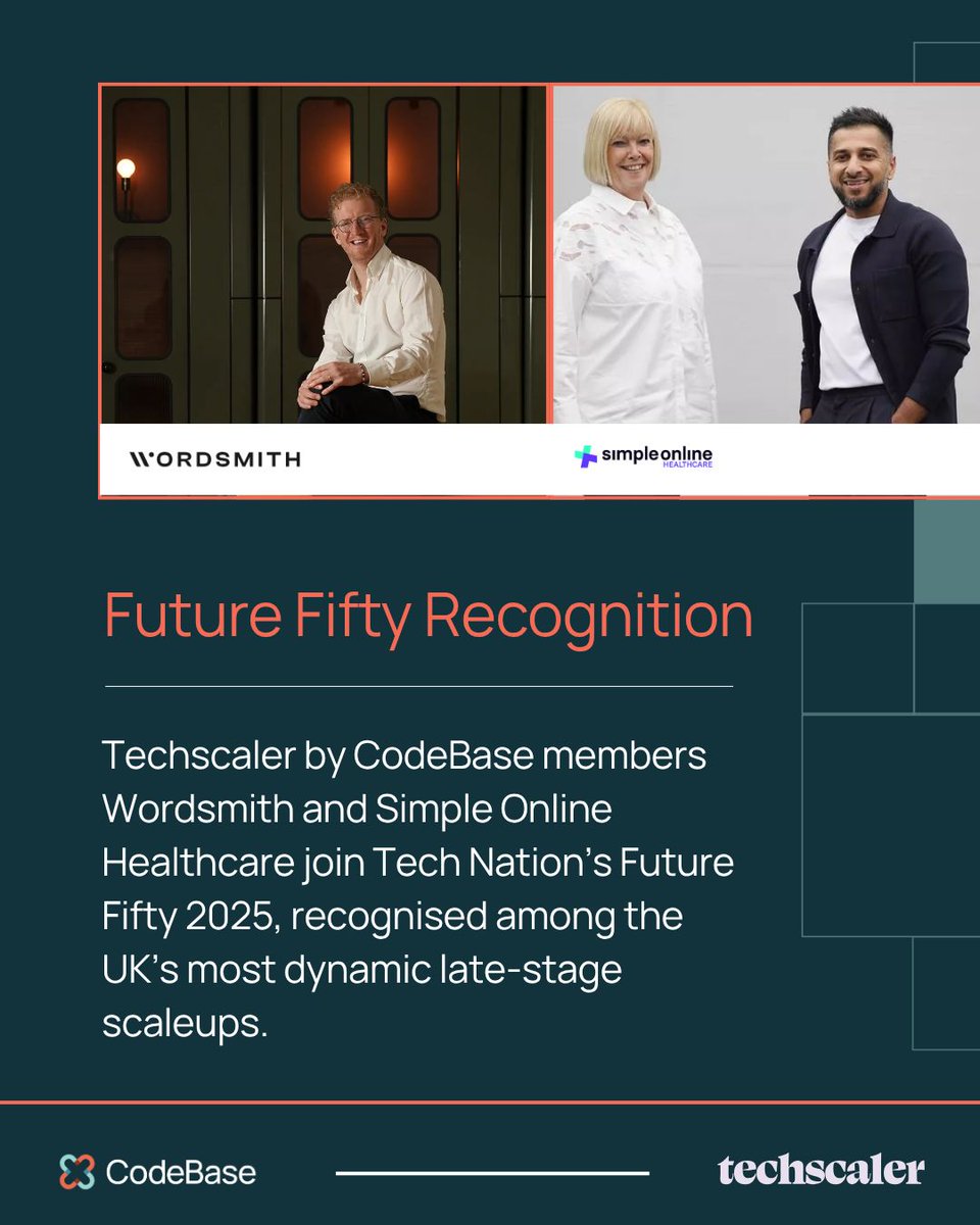 CodeBaseTech's tweet image. Big news for the CodeBase community! Techscaler members Wordsmith and Simple Online Healthcare have been recognised in Tech Nation’s Future Fifty 2025 cohort, joining a programme that has supported over 30% of the UK’s unicorns.