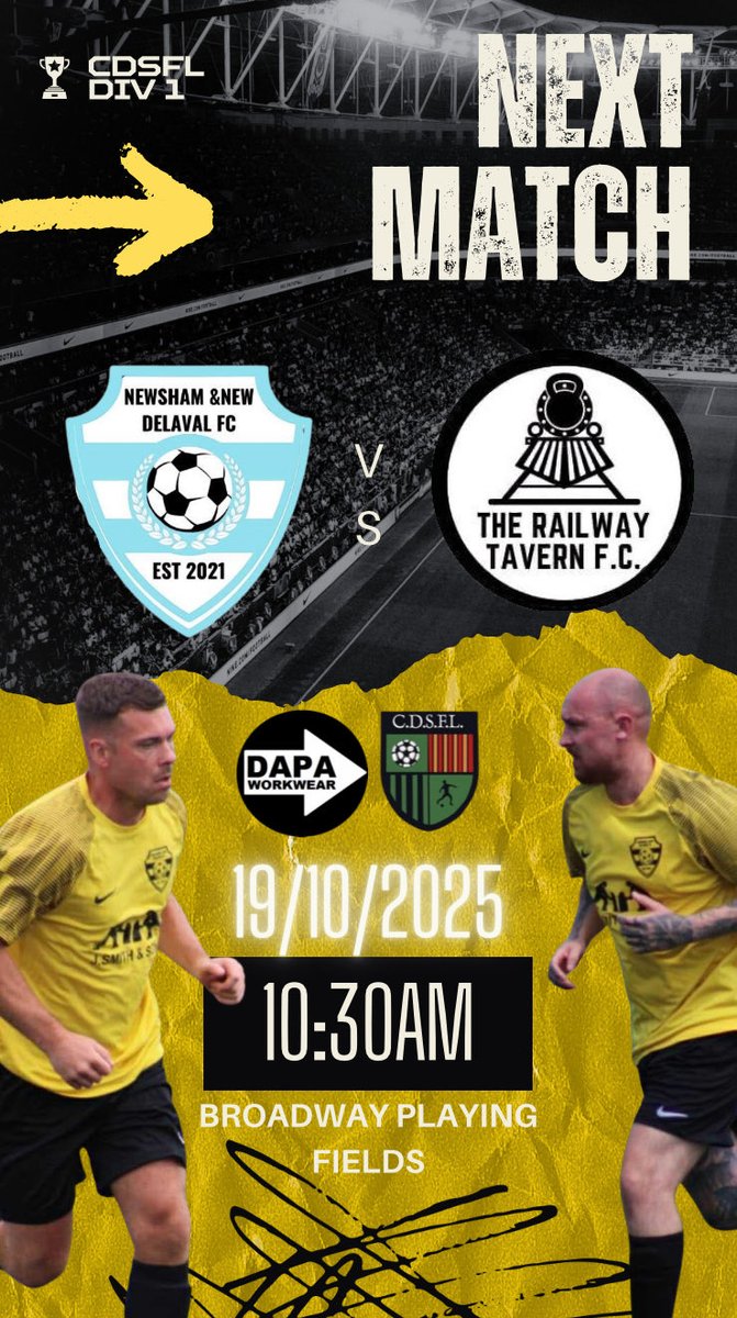 ⚽️ FIXTURE! ⚽️

Side Club Vs Railway Tavern

Next up is 1st vs 2nd in a top of the table clash! Both teams undefeated both teams chasing promotion and both teams desperate for 3 points and bragging rights! Get down on Sunday to watch a cracker! Let’s go

#HalaTheSidey

💛🖤🤍🩵