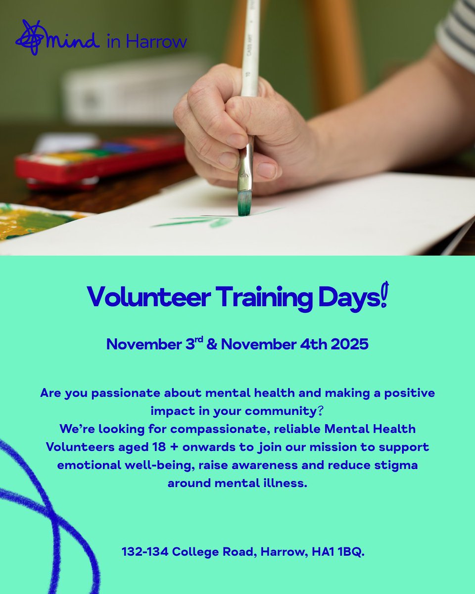 🌿 Join us for our Volunteer Training Days on 3 &amp; 4 Nov 2025!
Learn new skills, meet like-minded people, and support mental health in Harrow 💙

📍 Mind in Harrow Office
⏰ 10 AM – 4 PM both days

👉 Find out more &amp; apply by emailing info@mindinharrow.org.uk