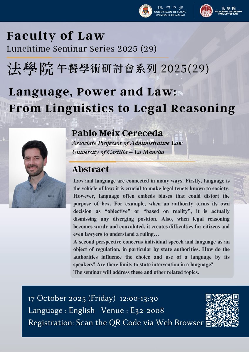 Friday 17 October I will deliver a seminar on Law and Language as part of my visit to the Faculty of Law of the University of Macau.  Thanks to Prof. <a href="/rostam_neuwirth/">rostam j. neuwirth</a>, Prof. Xingzhong Yu and Prof. Xiaobo Zhai for making it possible! <a href="/UM_1981/">University of Macau</a>