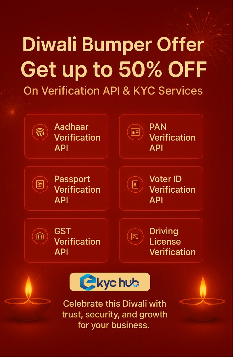 ekyc_hub's tweet image. Light up your business this Diwali with EKYChub’s Bumper Offer!
Get up to 50% OFF on all Verification APIs & KYC Services.
Trusted, secure, and built for your business growth. 🌟
#DiwaliOffer #EKYChub #VerificationAPI #KYCServices #DigitalVerification #FintechIndia #APIDeals