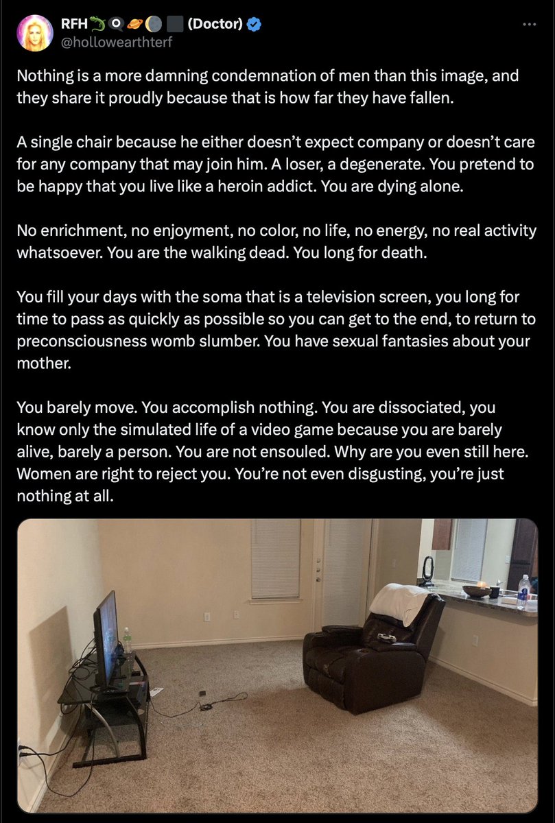 It's funny to see feminists crashing out by seeing men enjoying a great, peaceful life with so little.

As I said, they want you to work as their workhorses in the plantation, earning money for them to enjoy, because if you don't they'll hate you.