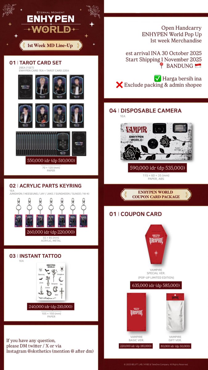 sksthetics's tweet photo. Open Handcarry  
ENHYPEN World Pop Up 1st Week MD 🧛🇰🇷

Hand carry est arrival INA 30 Oct 2025
Start Shipping 1 Nov 2025
📍 BANDUNG 🇮🇩

If you have any question, please DM @sksthetics (mention @ after dm)
tag. wts hc merch en jastip jasa titip sell ensell kr enha wtl final seoul https://t.co/IFB8HL1MeY
