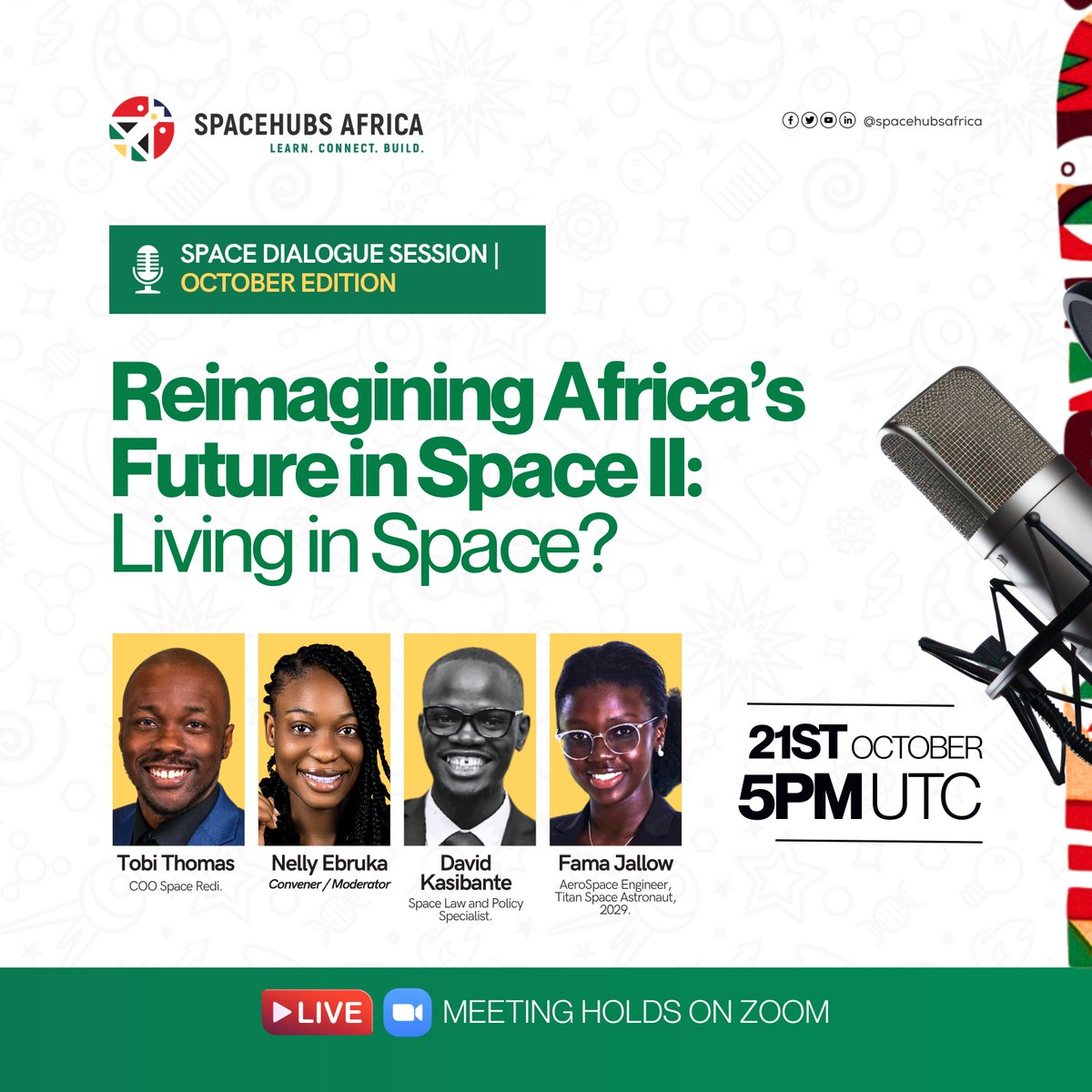 Humanity’s dream of living beyond Earth continues to inspire  imagination.

Join the October edition of Space Dialogue Sessions with <a href="/EbrukaNelly/">Magdala</a>  as we discuss  “Living in Space” from Africa’s perspective.

🗓 21 Oct 2025 | 🕔 5 PM UTC
🔗 Register:spacehubs.africa/webinars