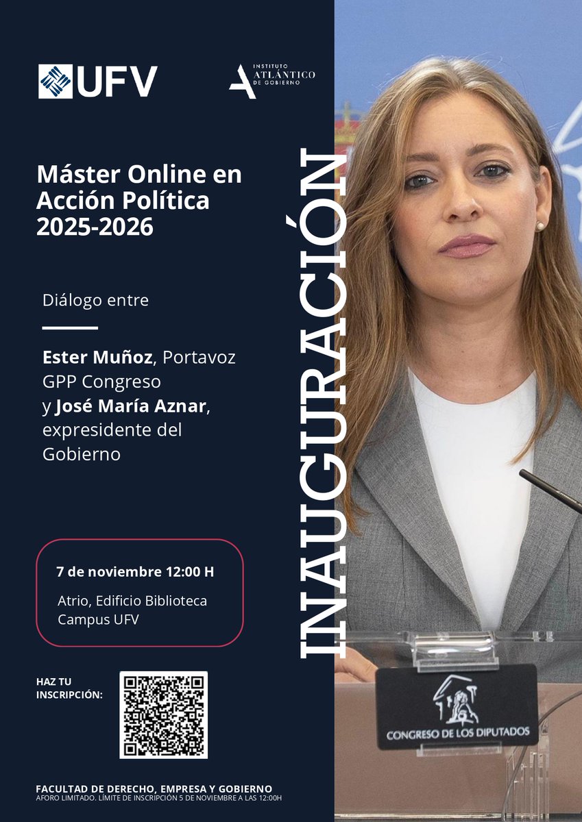 Próximo día 7 de Noviembre inauguración del Master en Acción Política.
Facultad de Derecho, Empresa y Gobierno. 
Aforo limitado. Límite de inscripción día 5 a las 12:00H.
Día 7 de Noviembre a las 12:00 H.
 
Abierta la inscripción en:
lnkd.in/dNbJhGAT
