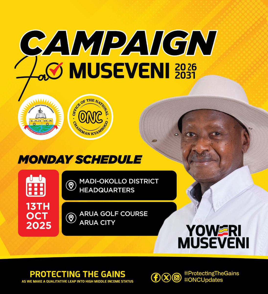 President Yoweri Kaguta Museveni continues his 2026–2031 campaign trail today, Monday 13th Oct 2025, with key engagements in Madi-Okollo District and Arua City.
Let’s keep #ProtectingTheGains as Uganda strides toward high middle-income status. 🇺🇬
#ONCUpdates #Museveni2026