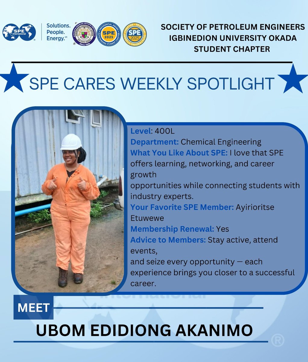 Spe_Iuo_'s tweet image. 🌟 *Meet our SPE Weekly Spotlight!* 🌟 Celebrating members who inspire us to grow, connect, and lead. 💙  #SPEIUO #WeeklySpotlight #EngageLearnLead