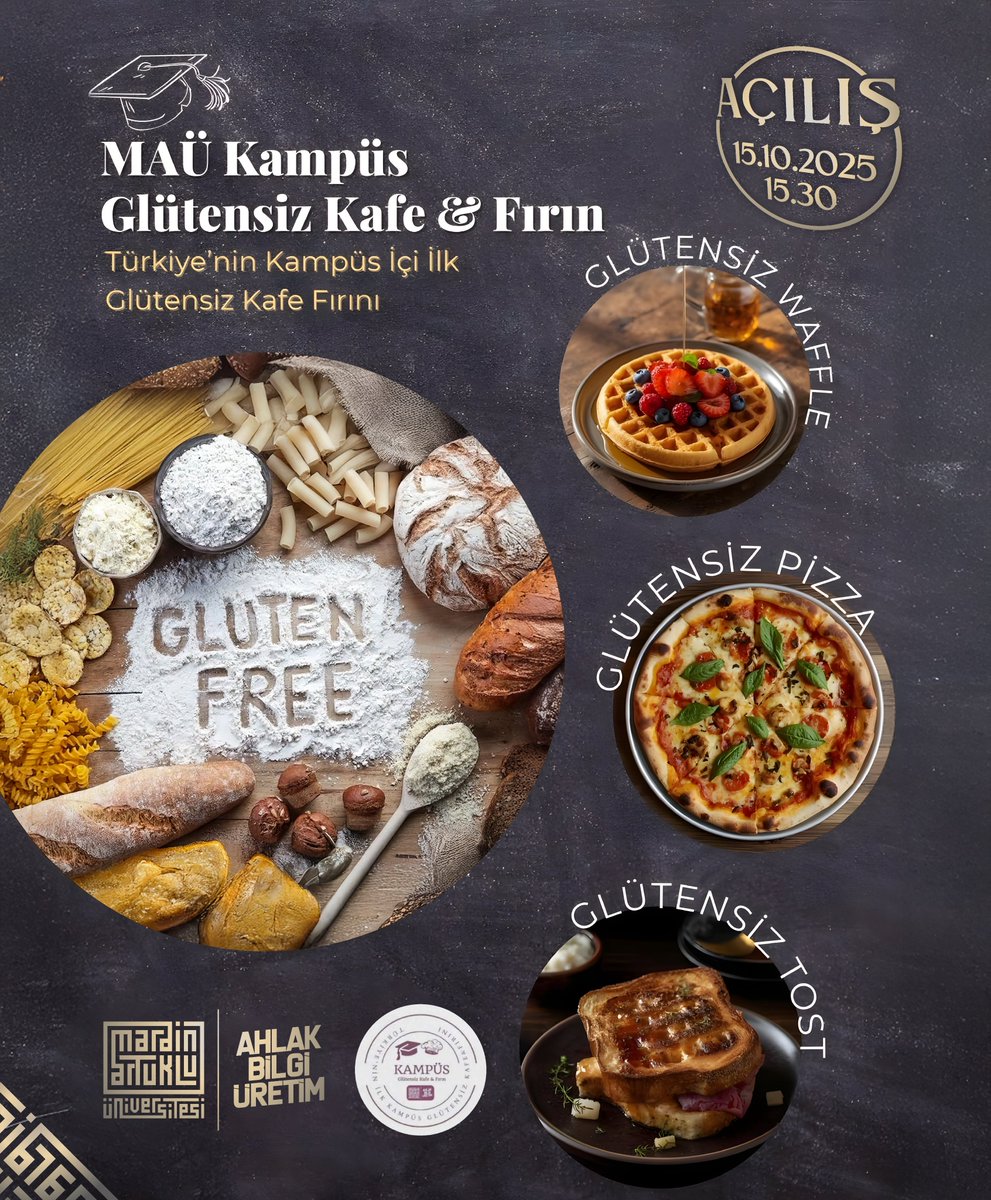 🎉 Sağlıklı yaşam kampüste başlıyor!

Türkiye’nin kampüs içi ilk glütensiz kafe ve fırını artık Mardin Artuklu Üniversitesi’nde! 🥖☕

💚 Glütensiz beslenmeyi tercih edenler ve çölyaklı bireyler için sağlıklı, lezzetli ve güvenli bir buluşma noktası.

📅 15 Ekim 2025, Çarşamba
🕓