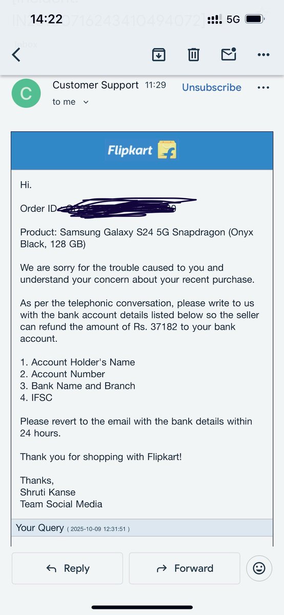 rubalsood's tweet photo. @flipkartsupport This is the last email i received but I’ve also paid ₹1000 extra for the Flipkart Pre-Pass, which was part of this order. Since the issue is entirely from Flipkart’s side, that amount should also be refunded along with ₹37,182. Please confirm this. https://t.co/V0ATolW2Co