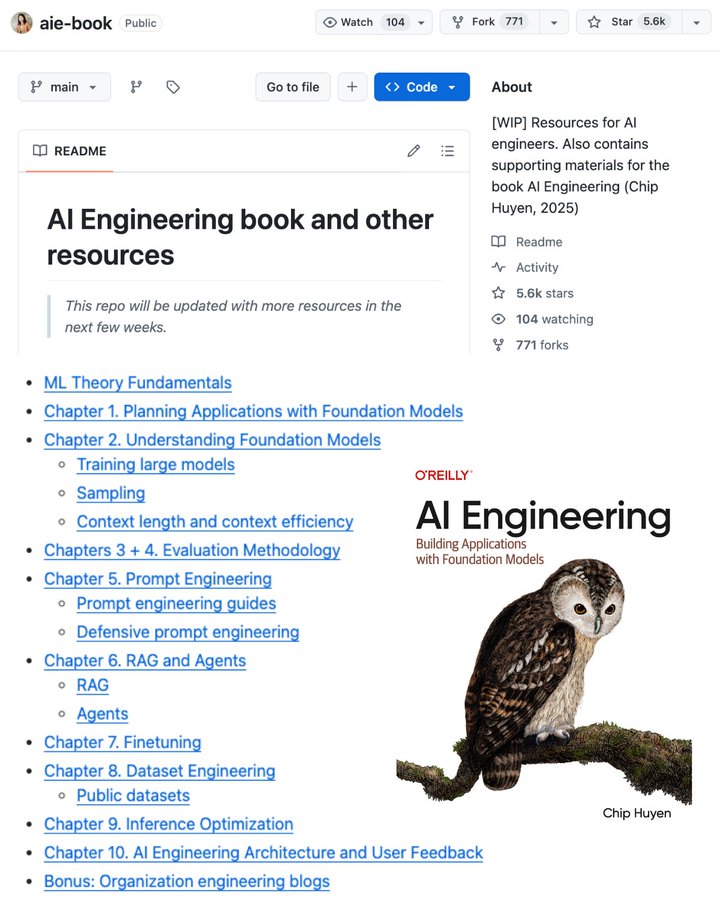 DAIEvolutionHub's tweet image. This &quot;AI Engineering&quot; Book is Goat

But here’s the secret:
Its GitHub repo has a goldmine 

Learn LLM apps, prompt engineering, fine-tuning, RAG &amp;amp; more.

To Get it:

1. Follow me (so I can DM you)
2. Repost
3. Comment &quot;AI&quot;