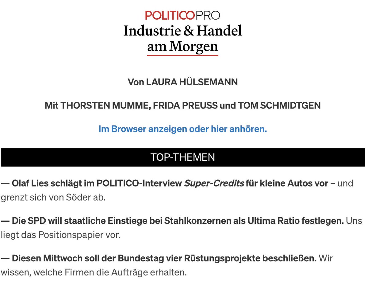Jürgen Klöckner (@herrkloeckner) on Twitter photo Niedersachsen MP <a href="/OlafLies/">Minister Olaf Lies</a> fordert im POLITICO-Interview Einigung zum #VerbrennerAus diese Woche.
Die Details heute bei Industrie & Handel – mit <a href="/HulsemannLaura/">Laura Hülsemann</a> & <a href="/jaspbennink/">Jasper Bennink</a>: pro.politico.eu/news/206385 <a href="/R_Buchsteiner/">Rasmus Buchsteiner</a> <a href="/GordonRepinski/">Gordon Repinski</a> <a href="/ThorstenMumme/">Thorsten Mumme</a> <a href="/vonderburchard/">Hans von der Burchard</a> <a href="/TommesFrittes/">Tom Schmidtgen</a> Niedersachsen MP <a href="/OlafLies/">Minister Olaf Lies</a> fordert im POLITICO-Interview Einigung zum #VerbrennerAus diese Woche.
Die Details heute bei Industrie & Handel – mit <a href="/HulsemannLaura/">Laura Hülsemann</a> & <a href="/jaspbennink/">Jasper Bennink</a>: pro.politico.eu/news/206385 <a href="/R_Buchsteiner/">Rasmus Buchsteiner</a> <a href="/GordonRepinski/">Gordon Repinski</a> <a href="/ThorstenMumme/">Thorsten Mumme</a> <a href="/vonderburchard/">Hans von der Burchard</a> <a href="/TommesFrittes/">Tom Schmidtgen</a>