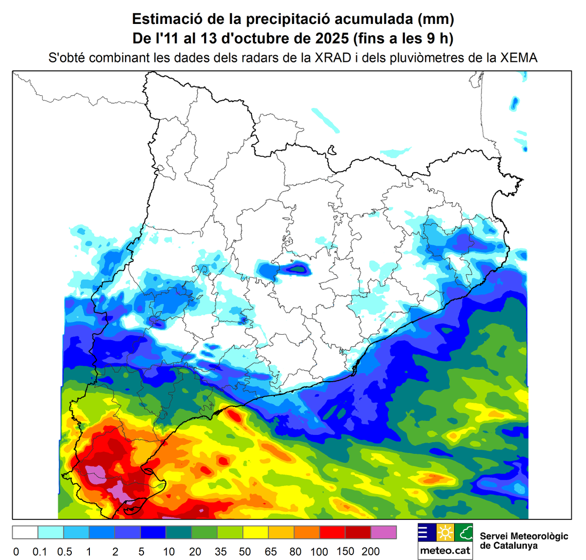 meteocat's tweet image. Entre dissabte i dilluns al matí s'han recollit més de 200 mm de pluja a sectors del Baix Ebre i del Montsià, on algunes estacions @meteocat freguen els 300 mm

297 mm a Santa Bàrbara
280 mm a Mas de Barberans

Els aiguats d'ahir diumenge van deixar quantitats localment superiors