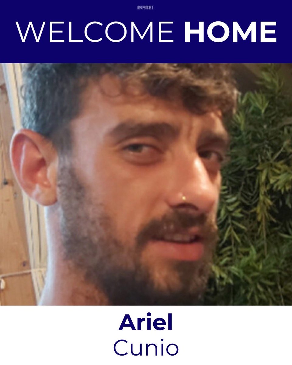 IsraelMFA's tweet image. Welcome Home, Ariel Cunio

Ariel, 28, was kidnapped from Kibbutz Nir Oz on October 7, 2023, together with his brother David and his girlfriend, Arbel Yehud.

Ariel is an Argentine-Israeli, part of a close-knit family deeply rooted in the Nir Oz community.

He grew up alongside…