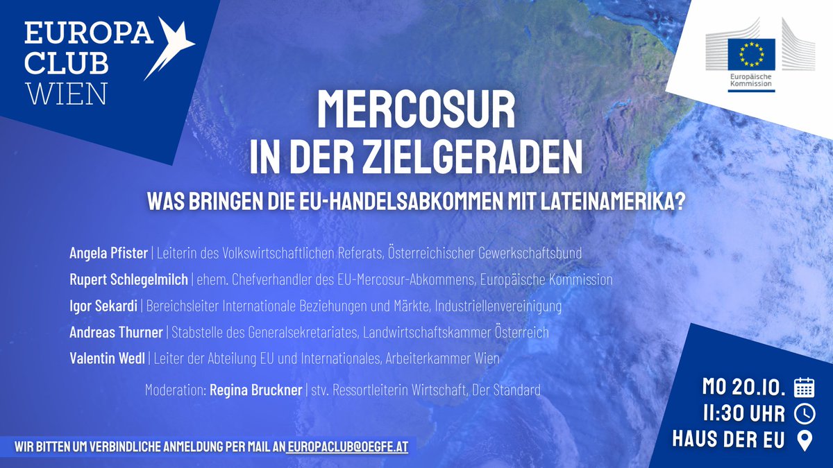 oegfe's tweet image. Mercosur in der Zielgeraden? Und was bringt das EU-Mercosur Handelsabkommen überhaupt? Darüber diskutieren wir im #EuropaClub mit dem (ehemaligen) EU-Chefverhandler @rupertschlegelm sowie Vertreter:innen der Sozialpartner @AngelaPfister, Igor Sekardi, Andreas Thurner & @VWedl:…