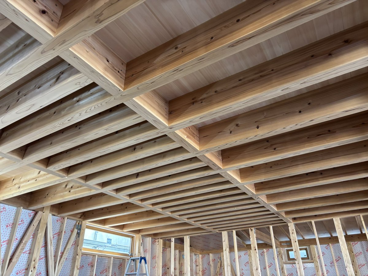 Takuma_Togo's tweet image. T字梁を組み合わせたレシプロカル構造を用いて、地産材によるオフィス建築を設計しました。プレセッター金物を用いた上で、下からスリットが見えないよう工夫しています。
ブリーズ・カンパニーさんの設計施工。