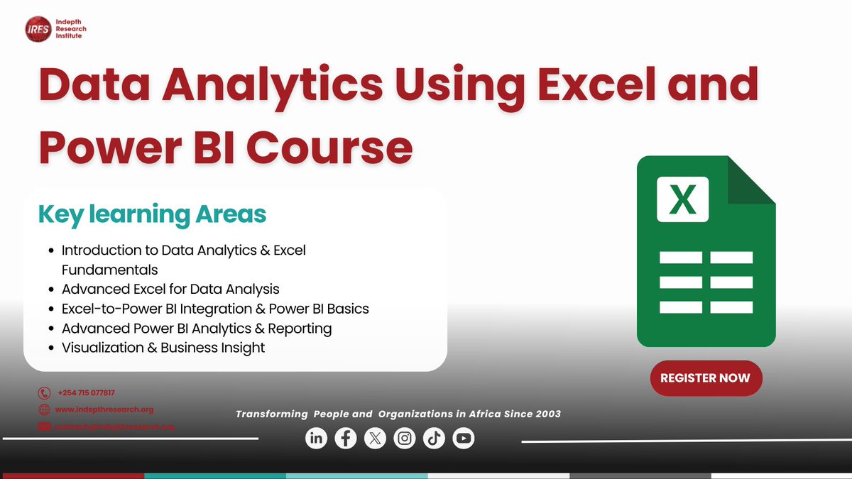 Indepthresearch's tweet image. 𝐓𝐮𝐫𝐧 𝐃𝐚𝐭𝐚 𝐢𝐧𝐭𝐨 𝐃𝐞𝐜𝐢𝐬𝐢𝐨𝐧𝐬

Master Excel and Power BI in our 5-day Data Analytics Training Course and gain hands-on skills to analyze and communicate insights that drive results.

Register now: forms.gle/jAhw7UePEKnm8Z…

#PowerBI #Excel #IRESExperience