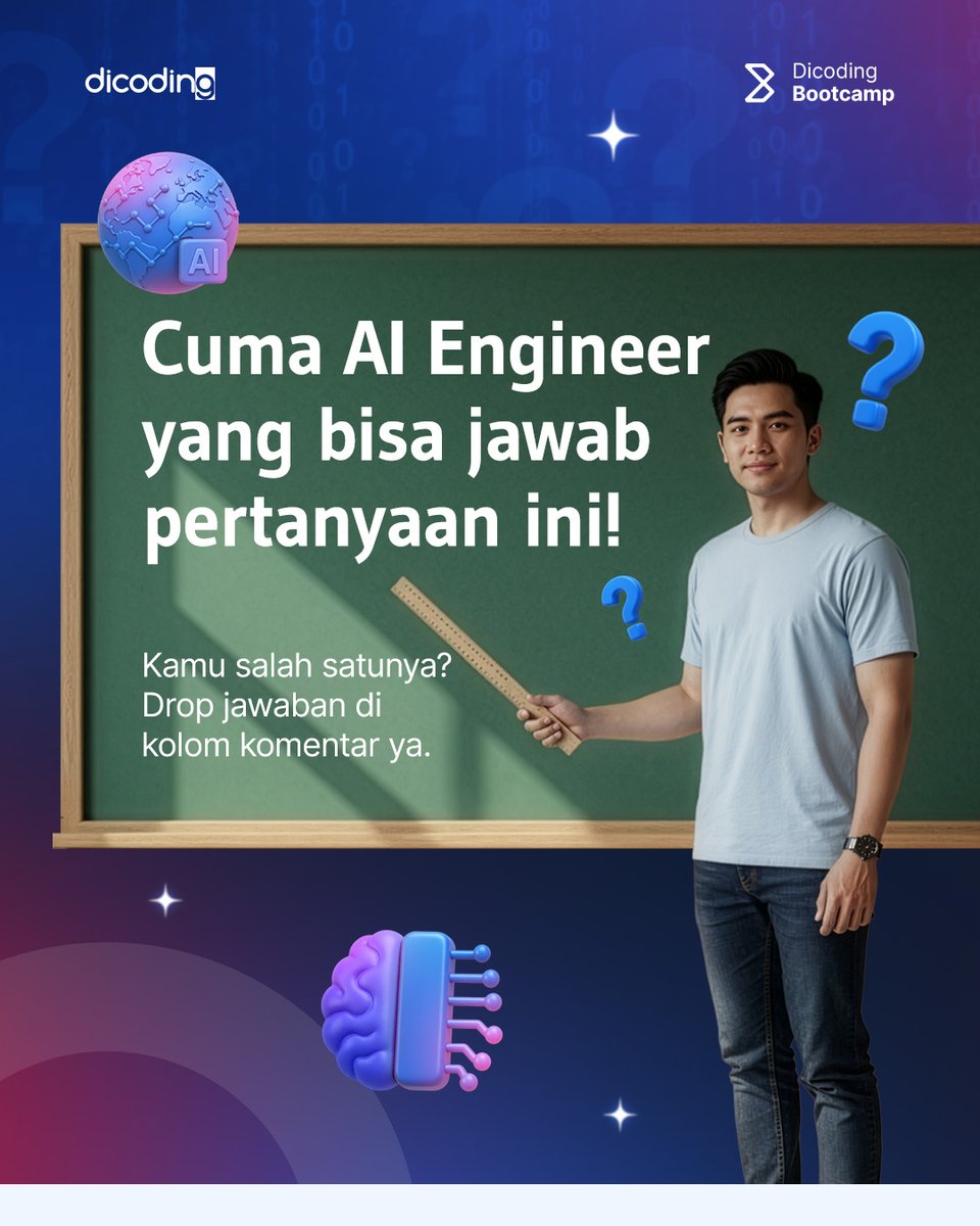dicoding's tweet image. Tantangan kecil buat kamu yang tertarik jadi AI Engineer! Coba jawab pertanyaan-pertanyaan ini✨
#DicodingThread