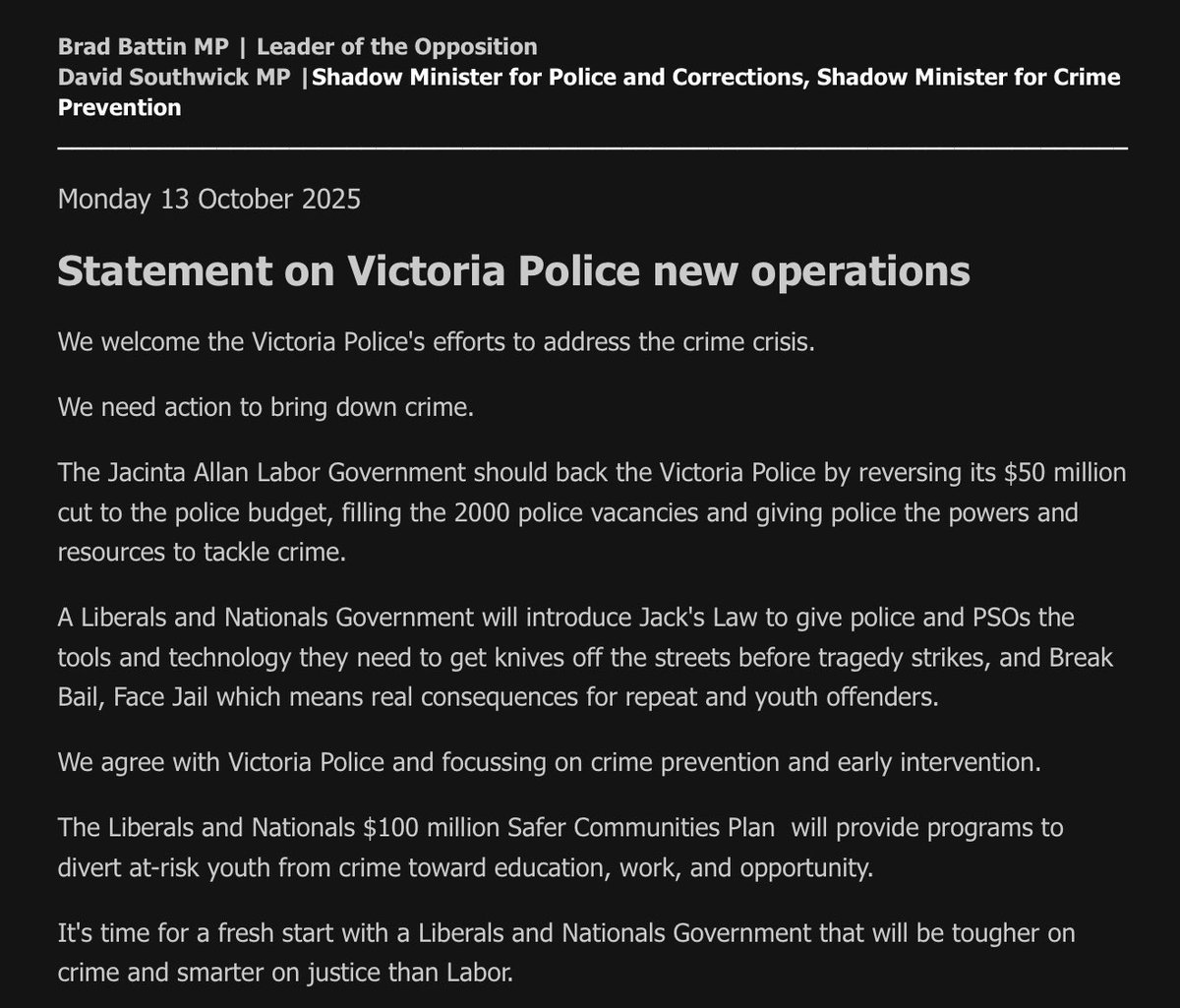 Statement from <a href="/BradBattinMP/">Brad Battin MP</a> and me on new <a href="/VictoriaPolice/">Victoria Police</a> operations.

Strong, proactive policing saves lives and protects communities. The Labor Government must give the police the powers and resources to make this happen. 

Read our statement 👇

#Springst