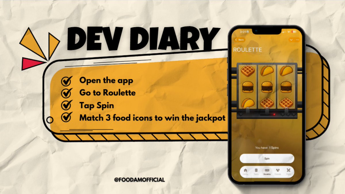 Mini-Game Spotlight 💡

The Roulette feature has been keeping players spinning for the jackpot! 🍔🌮🧇
Open the app, hit Spin, and match 3 food icons to score big — a perfect blend of luck and flavor.

#FOODAM #DevDiary #MiniGame #Web3Gaming #PlayToEarn