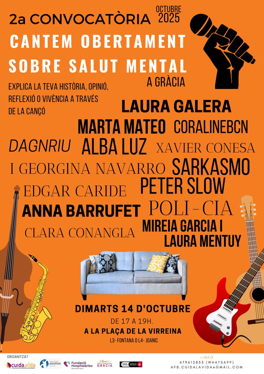 2a Convocatòria CANTEM OBERTAMENT SOBRE SALUT MENTAL

Comptarem amb un programa que a través de la música ens parlaran de salut mental i ens convidaran a repensar la salut mental més lliure d’estigmes.

📅 Dimarts 14 d'octubre de 17 a 19 h
📍 Plaça de la Virreina