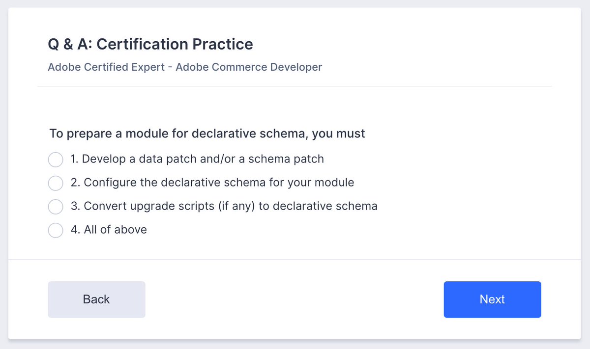 rajkbnp's tweet image. ✴️#Magento #Adobe #Certification practice for "Adobe Certified Expert - Adobe Commerce Developer" 🏅 exam✴️
Do you know how prepare a module for declarative schema? Here's the new Q & A👇
