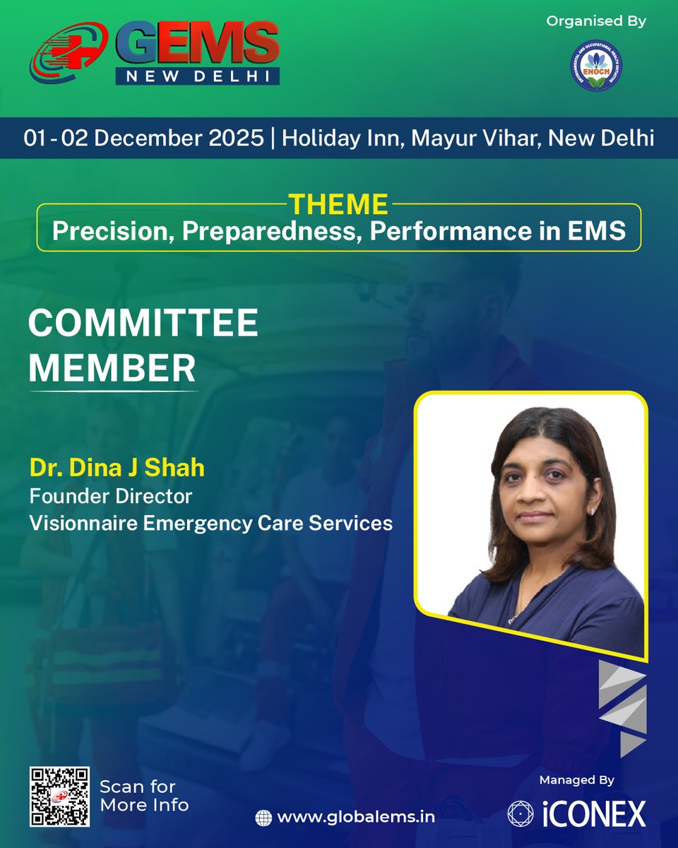 GlobalEMS217675's tweet image. We are pleased to welcome Dr. Dina J Shah, Founder Director, Visionnaire Emergency Care Services, as a Committee Member for the #GEMS2025.

🗓️01-02 December 2025
📍New Delhi

🔗globalems.in

#EMS #CommitteeMember #Medical #Health #Emergency #medicalsummit