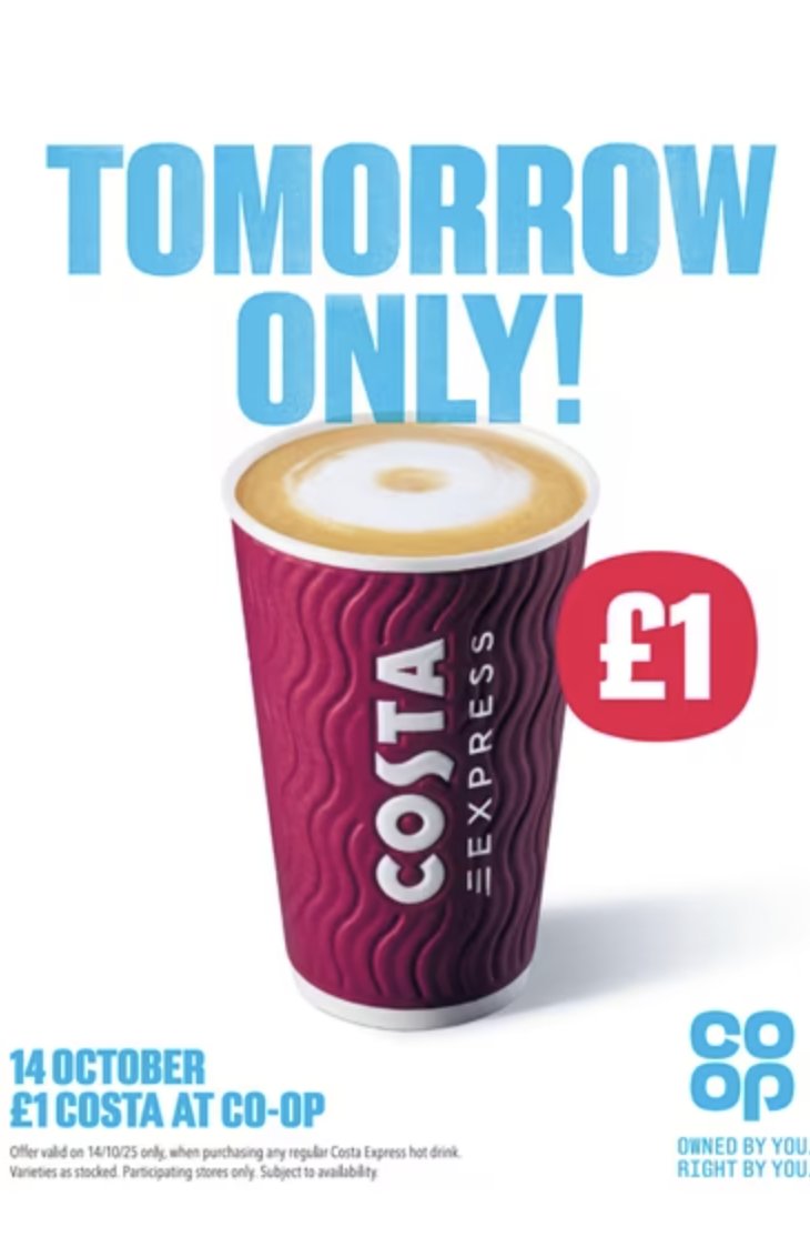 Tomorrow - (14th October) if you go to a CO-OP with a Costa machine, you can get a drink for just £1! ☕

CO-OP haven't released a list of participating stores but most CO-OP food stores will be partaking in the offer.