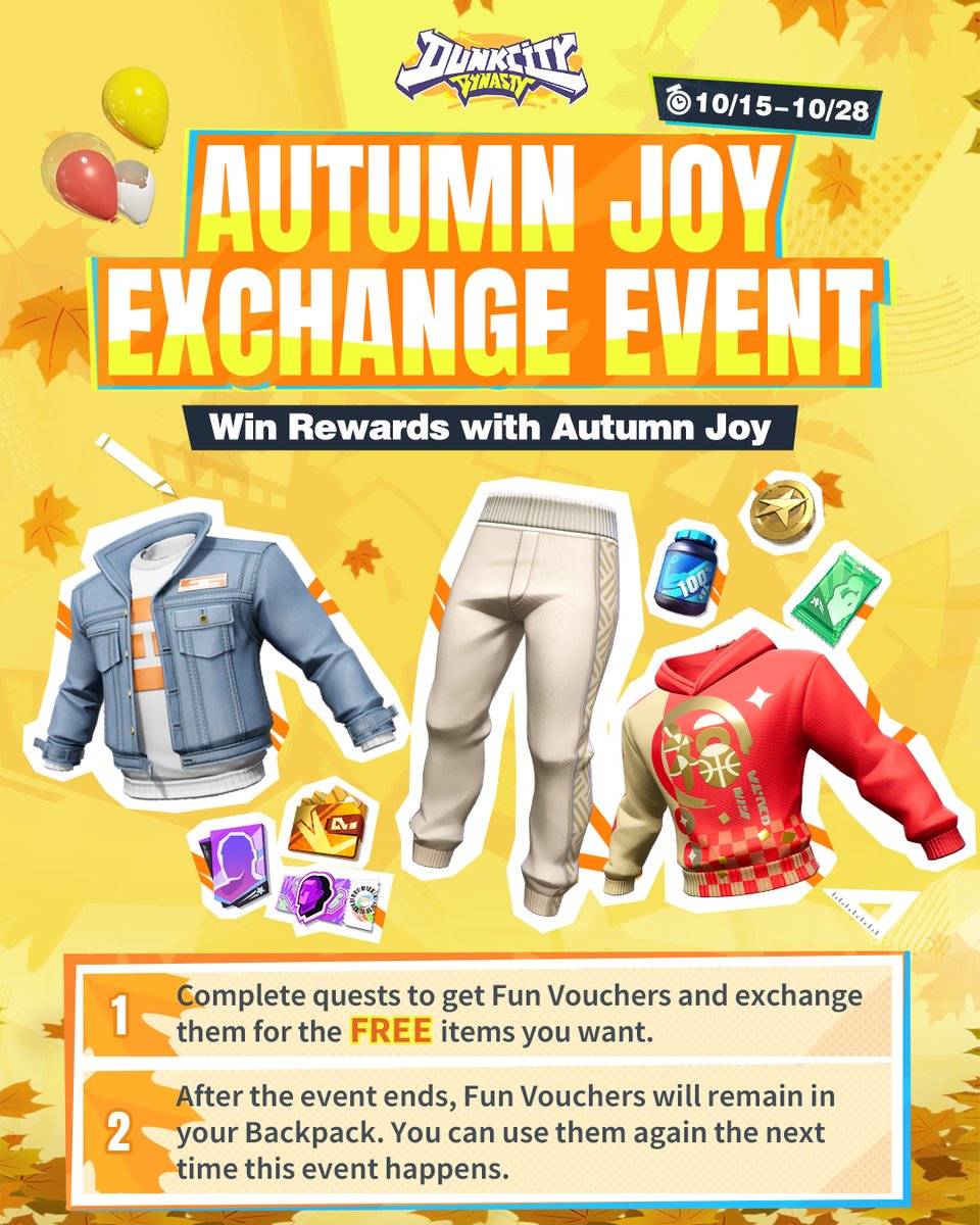 citydynastyglo's tweet photo. π Autumn Joy Exchange Event 5 is live!
Snag exclusive items, enhance your squad, and leave your mark on the court this season. π
Every game brings new opportunities, donβt miss out! β¨
#DunkCityDynasty #AutumnJoy #TheFlashIsBack https://t.co/DQ9sZJD4yt