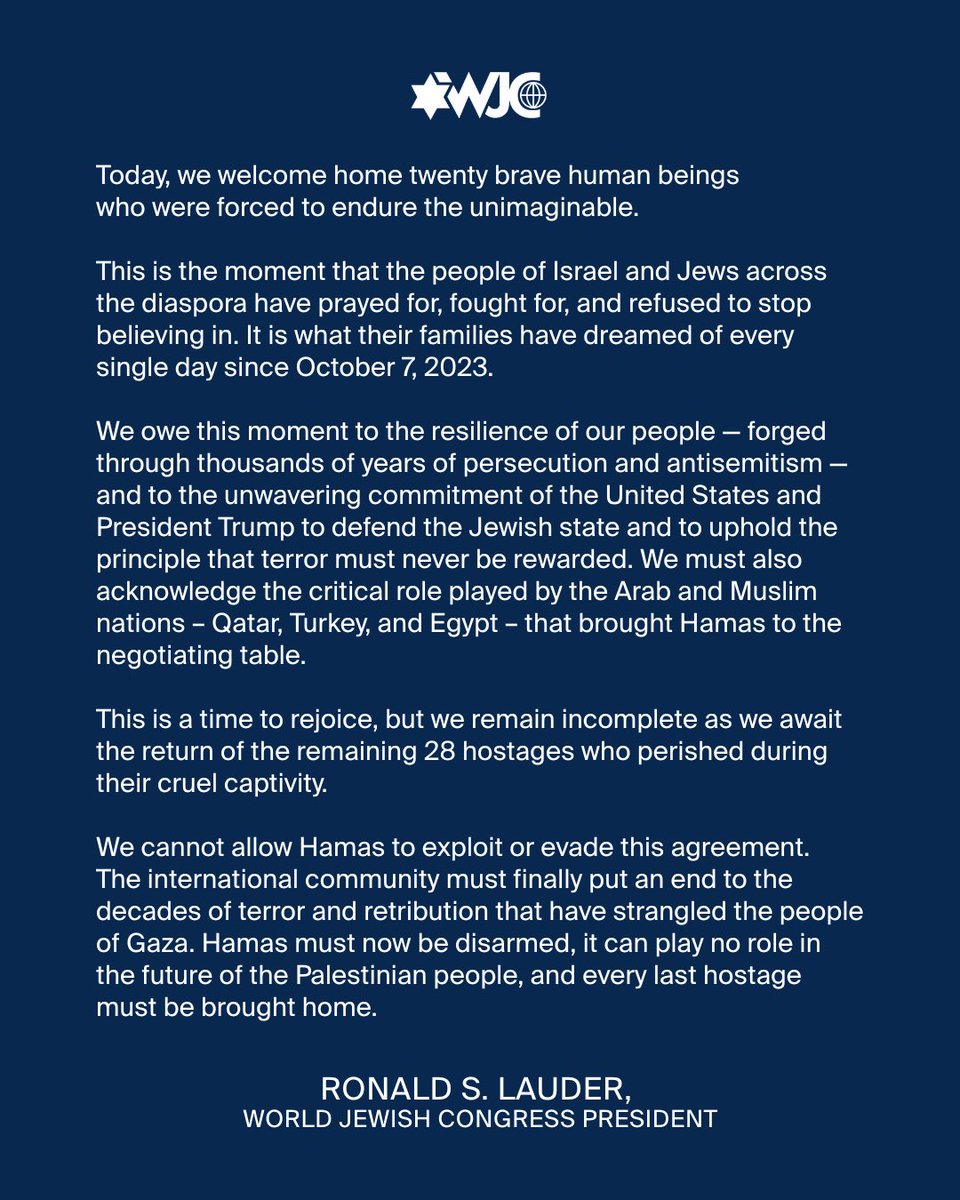 WorldJewishCong's tweet image. There are no longer any living hostages in Gaza.
But the job is not done.
We still need to bring them all home 🎗️
⬇️ WJC’s Official Statement ⬇️