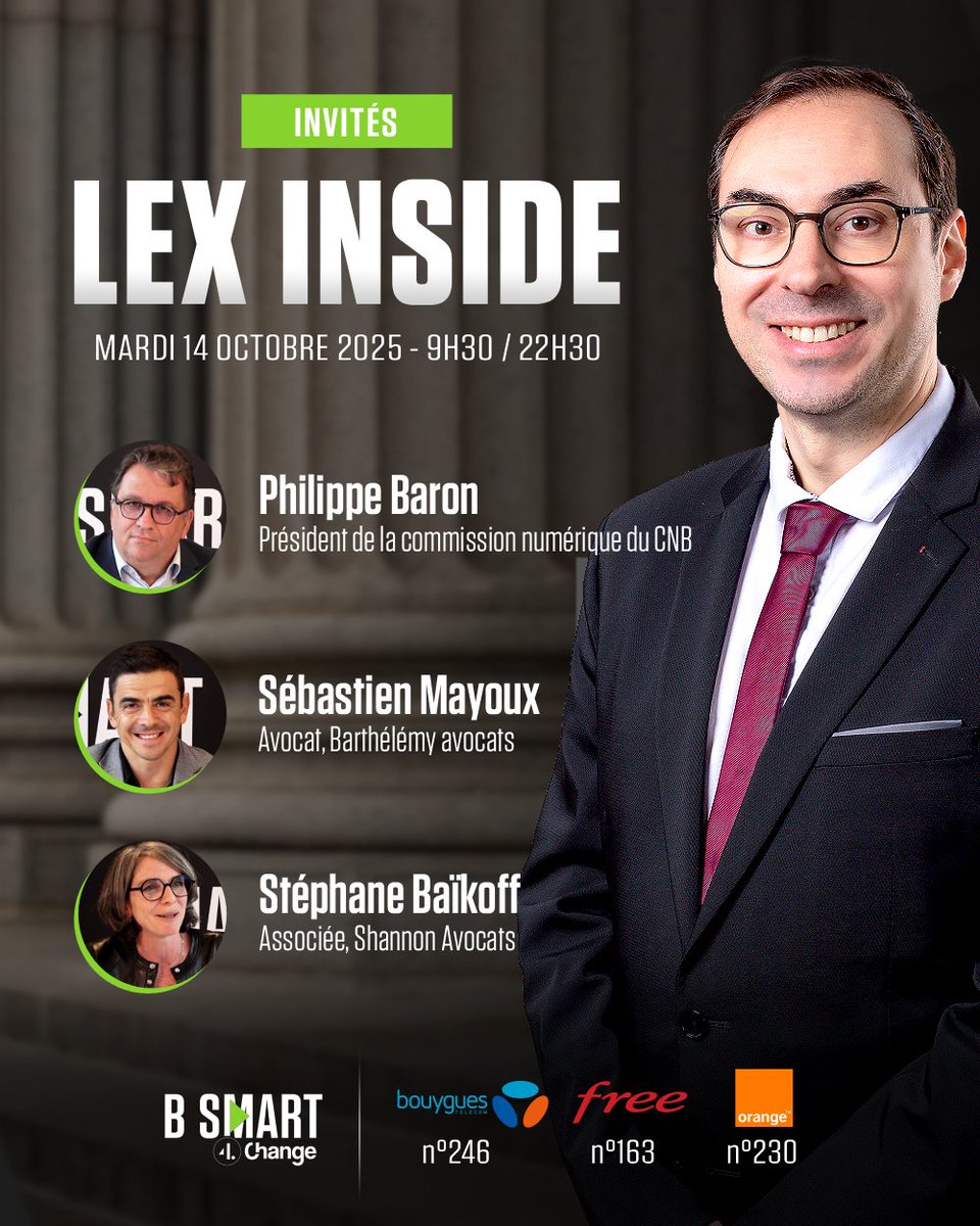 B_SMART_TV's tweet photo. 📺 Au sommaire de #lexinside avec @adumourier ce mardi 14 octobre à 9h30 sur @B_SMART_TV :
▪ Avocats : focus sur le nouvel e-Barreau
Avec Philippe Baron, président de la commission numérique du @CNBarreaux
▪ L’utilité de la transaction en droit du travail
Avec Sébastien Mayoux, Avocat, @Cab_Barthelemy
▪ Fraude au Président : responsabilité de la banque
Avec @AvocatBaikoff, Associée, @shannonavocats
@legalnewsfrance @lemondedudroit @DecideursJur