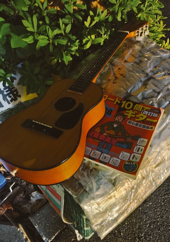 捨ててあった挫折。ミニギターだけど弦の高さ20mmくらいで酷い鬼ゾリだった、そりゃ無理だ。
