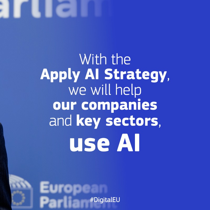 DigitalEU's tweet photo. “Europe is well positioned to become an AI continent”, says EVP @HennaVirkkunen.
 
The Apply AI Strategy will help with that. It builds on EU projects like AI Factories and Digital Innovation Hubs to boost AI deployment across Europe.
 
Read more ⬇️