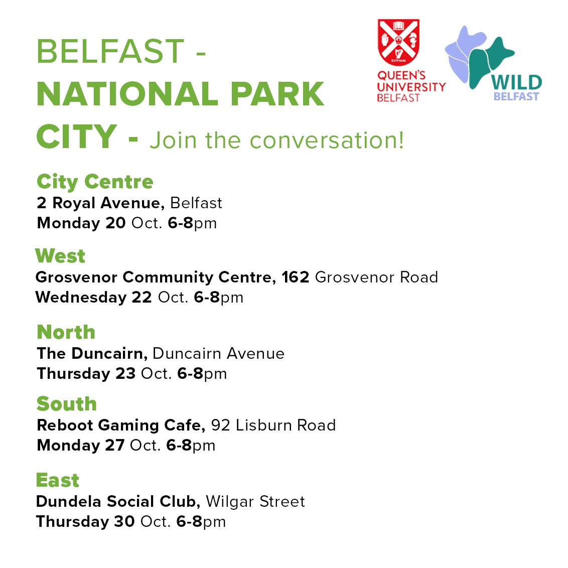 🌿 Belfast could become a National Park City!

Join a free community workshop with <a href="/WildBelfast/">Wild Belfast</a>  &amp; <a href="/QUBelfast/">Queen's University Belfast 🎓</a> to help shape the application🌳💚

🍽️ Catering provided
👉 Book your spot: docs.google.com/forms/d/e/1FAI…

#WildBelfast #NationalParkCity #Belfast