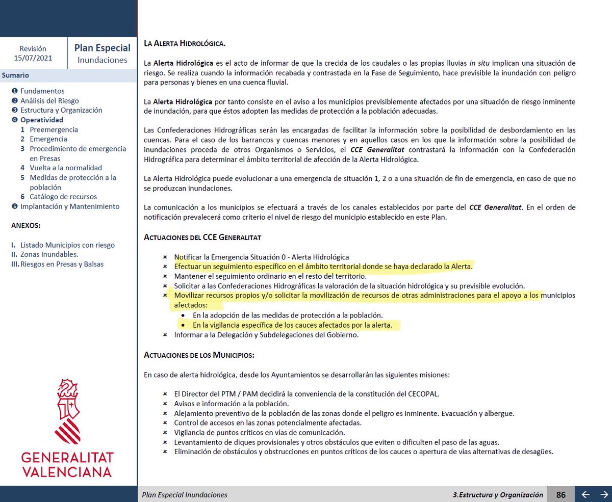 Obligacions del Centre de Coordinació d’Emergències de la Generalitat quan es declara una Alerta Hidrològica (activa sobre el barranc de Poio des de les 12:20 del 29 d’octubre):

- Efectuar un seguiment específic en la zona.
- Mobilitzar recursos per a vigilar els cabals.