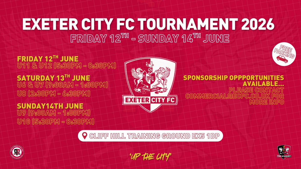 🗓️ The <a href="/ECFC_Academy/">Exeter City Academy</a> are hosting their Summer tournament for U6-U12s from the 12-14th June 2026 at the Cliff Hill Training Ground 🌟

We have multiple sponsorship opportunities available, please contact commercial@ecfc.co.uk for more info!

🔗 Full details ➡️