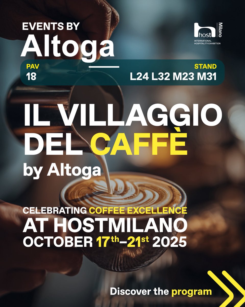HostMilano's tweet photo. Altoga Events: a curated selection of competitions and experiences celebrating the art of coffee, exclusively at HostMilano, from the 17th to the 21st of October! Dont miss out. 

Discover the full program in the post.

#HostMilano #NewShapesOfHospitality #Altoga #HostEvents https://t.co/lpkQ1L7TDC