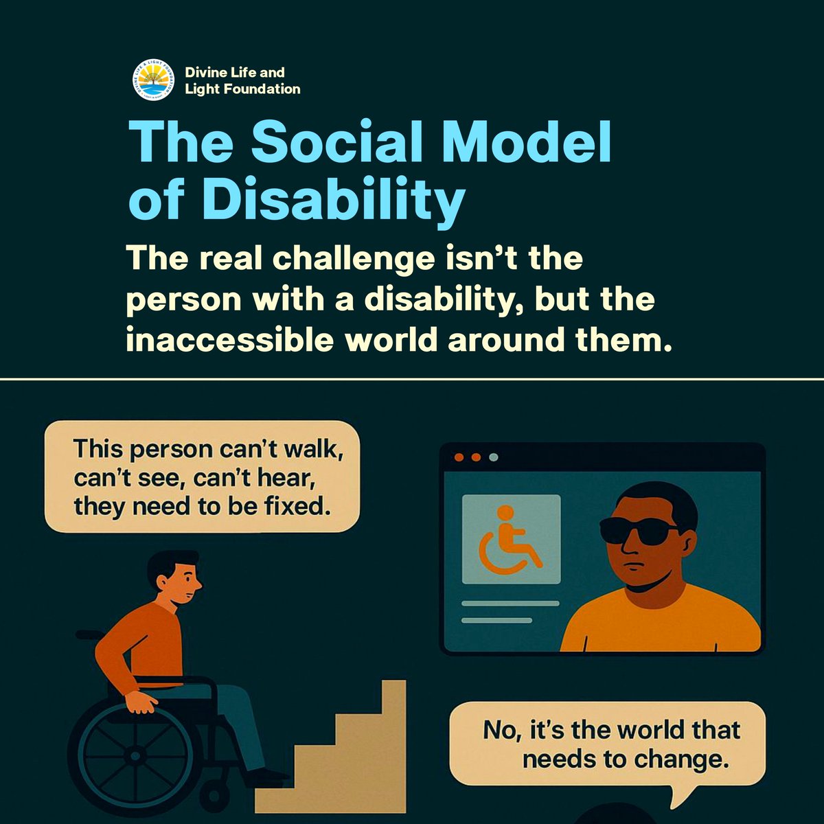 dllfglobal's tweet photo. Disability isn’t about the person — it’s about the barriers society places around them. The Social Model of Disability reminds us that inclusion starts with removing those barriers and creating accessible environments for all. #AccessibilityMatters #InclusionForAll https://t.co/tobwjXixT9
