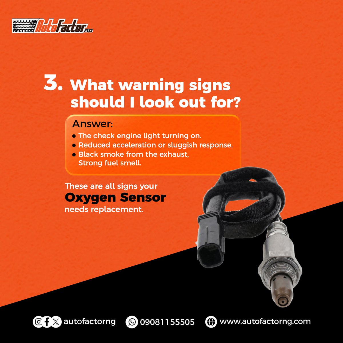AutofactorNg's tweet photo. Is your engine running rough or burning more fuel than usual?
It might be your oxygen sensor acting up! Learn the key signs before it leads to bigger repairs.
Swipe to uncover the common O₂ sensor symptoms every driver should know.

#autoparts #automobile #cars #carparts #Oasis https://t.co/nczGZdestK