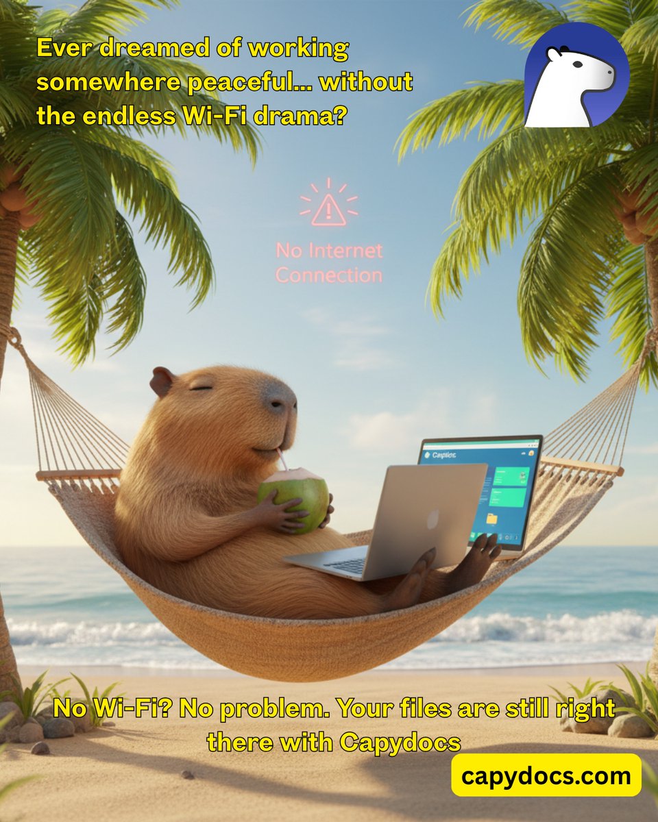capydocs's tweet image. &quot;NO INTERNET CONNECTION&quot; doesn&apos;t have to mean &quot;NO WORK PROGRESS.&quot;

Keep your projects moving forward with Capydocs. Your files are safe, local, and ready when you are.

✅ Ditch the Wi-Fi drama. Download now: capydocs.com

#Productivity #WorkSmart #SaaS #BusinessTools