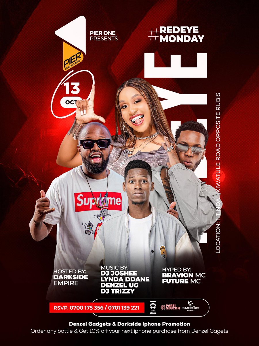 MushroomInc's tweet photo. Catch Red Eye Monday tonight at @Pier1_Ntinda! Vibe with @Lynda_Ddane, @DenzelUG, @DjTrizzyVybz, and DJ Joshee as they light up the decks with 🔥 beats! #RedEyeMonday https://t.co/ISOhuh9x1o