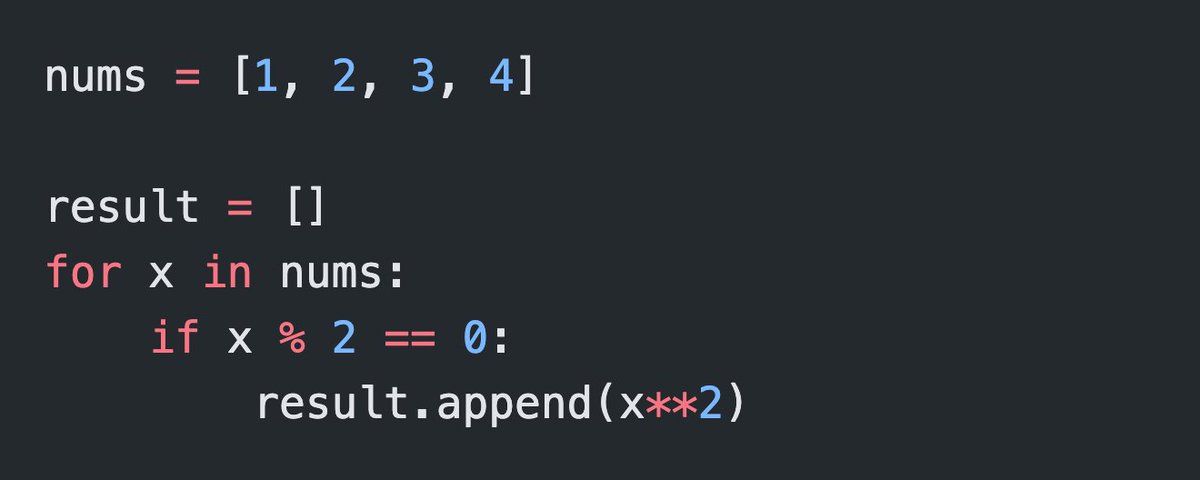 kotov_dev's tweet image. Answer: B) [4, 16]  

It's like ordinary loop with body:  

› if x % 2 == 0 — filters for even numbers 
› x ** 2 squares them and appends to list  

For beginners: List comprehensions = loops in one line! So common in Python, you'll see them everywhere.