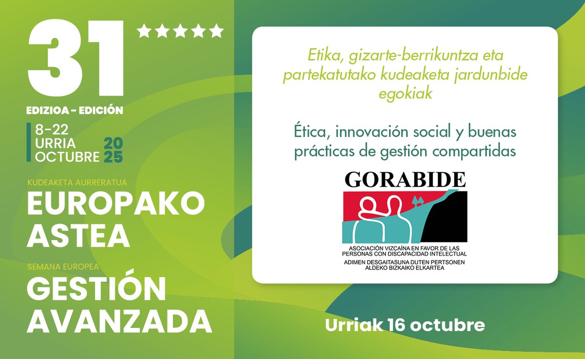 🗣️ @Euskalit-eko Kudeaketa Aurreratuaren Europako Astea parte hartuko dugu, ‘Etika, gizarte-berrikuntza eta partekatutako kudeaketa jardunbide egokiak’ jardunaldiarekin.
👉 labur.eus/euskalit-2025-…
#EuropakoAstea