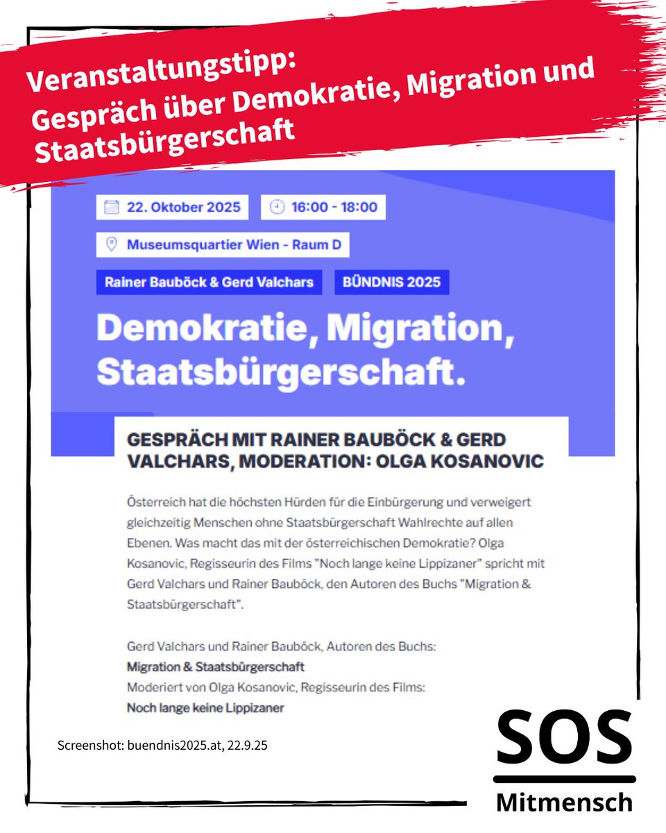 Veranstaltungstipp: Gespräch über Demokratie &amp; Staatsbürgerschaft mit Rainer Bauböck &amp; <a href="/g_vau/">Gerd Valchars</a> , moderiert von Olga Kosanovic. Mehr Infos zu dieser und weiteren Veranstaltungen der Demokratiewoche findest du hier: buendnis2025.at/veranstaltunge…